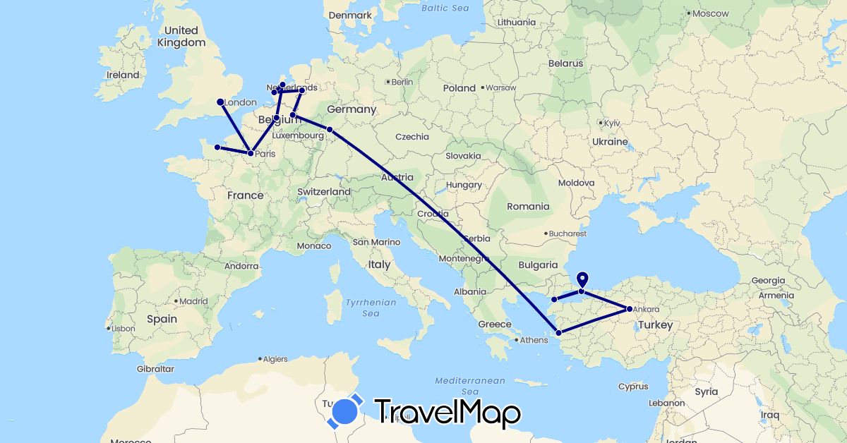 TravelMap itinerary: driving in Belgium, Germany, France, United Kingdom, Netherlands, Turkey (Asia, Europe)