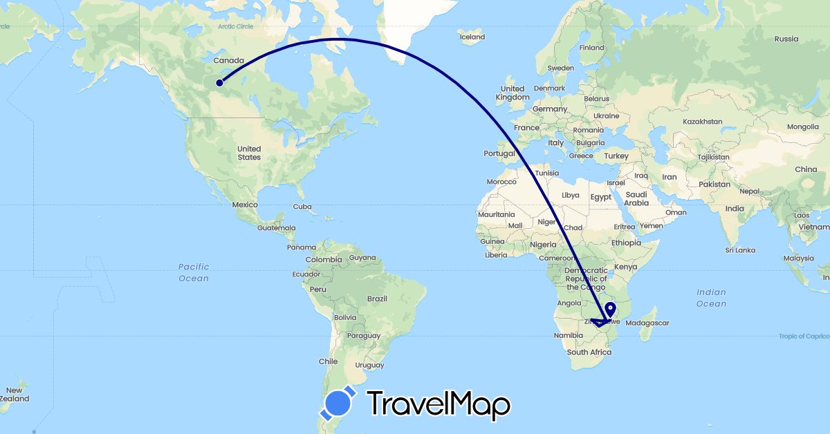 TravelMap itinerary: driving in Canada, Zimbabwe (Africa, North America)